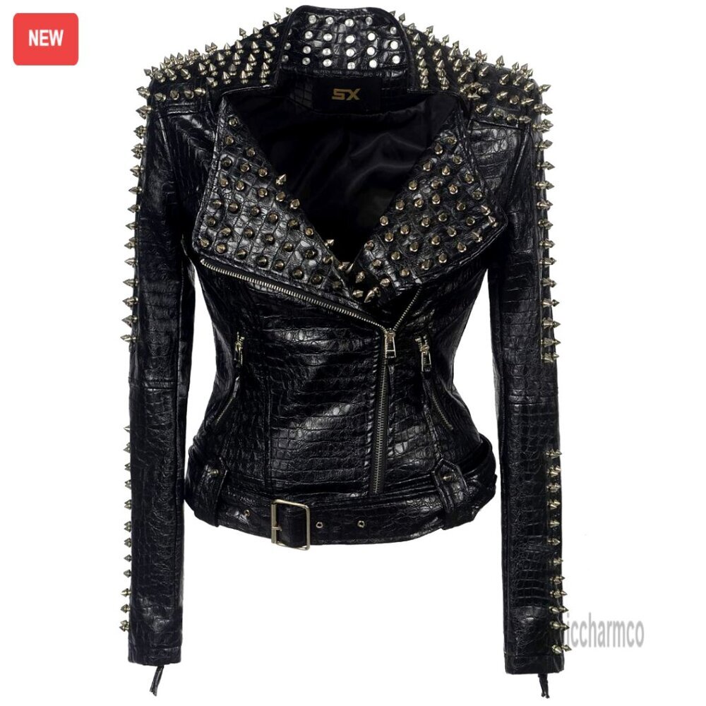 Faux Leather Motorcycle Jacket with Studded Rivets, Asymmetrical Zipper,